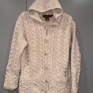 Inis Crafts Merino Wool Chunky Cable Knit Hooded Sweater Made in Ireland M